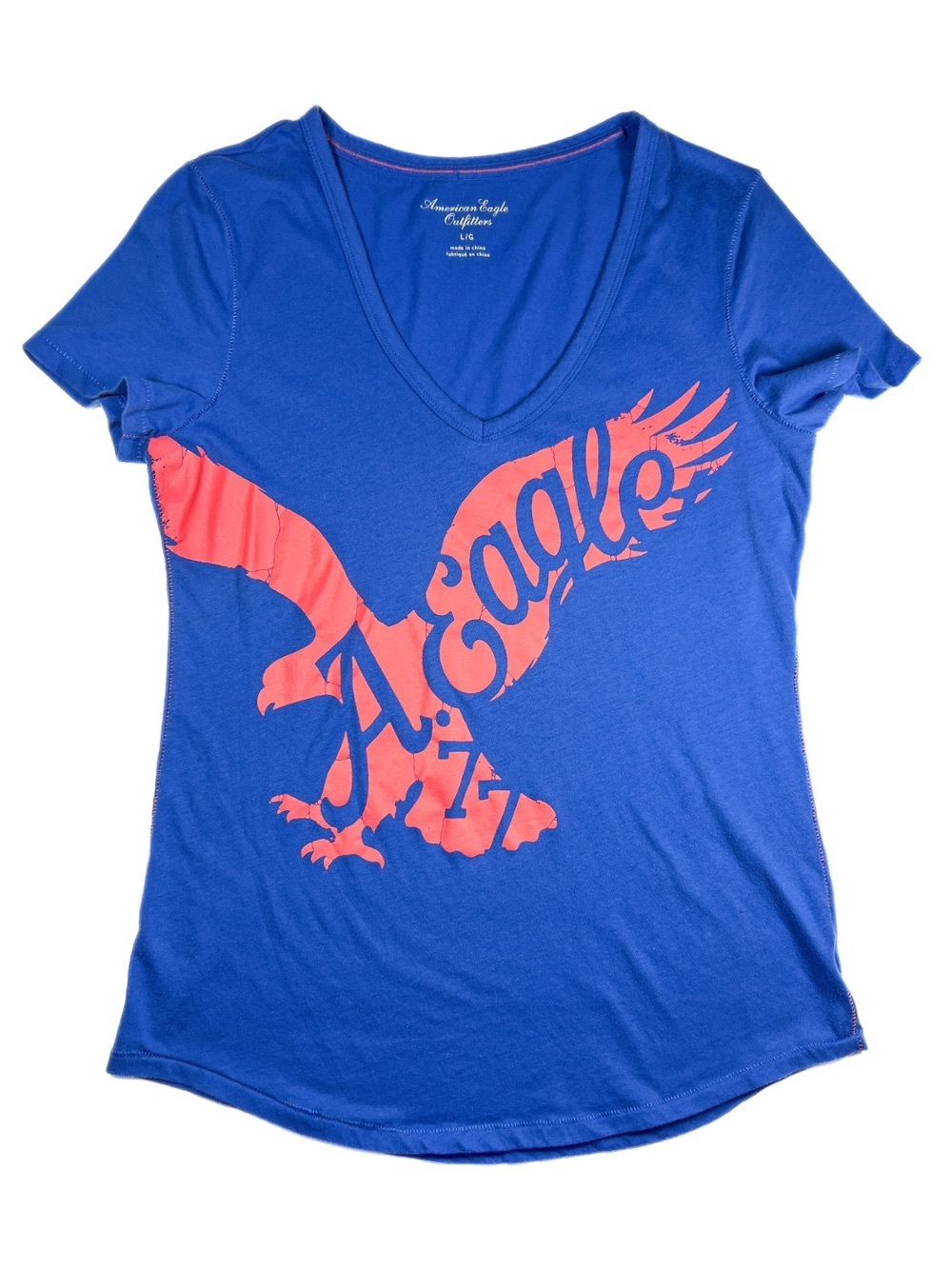 American Eagle Y2K Revival Blue Pink Eagle Graphic V Neck Tee Womens Large 2012
